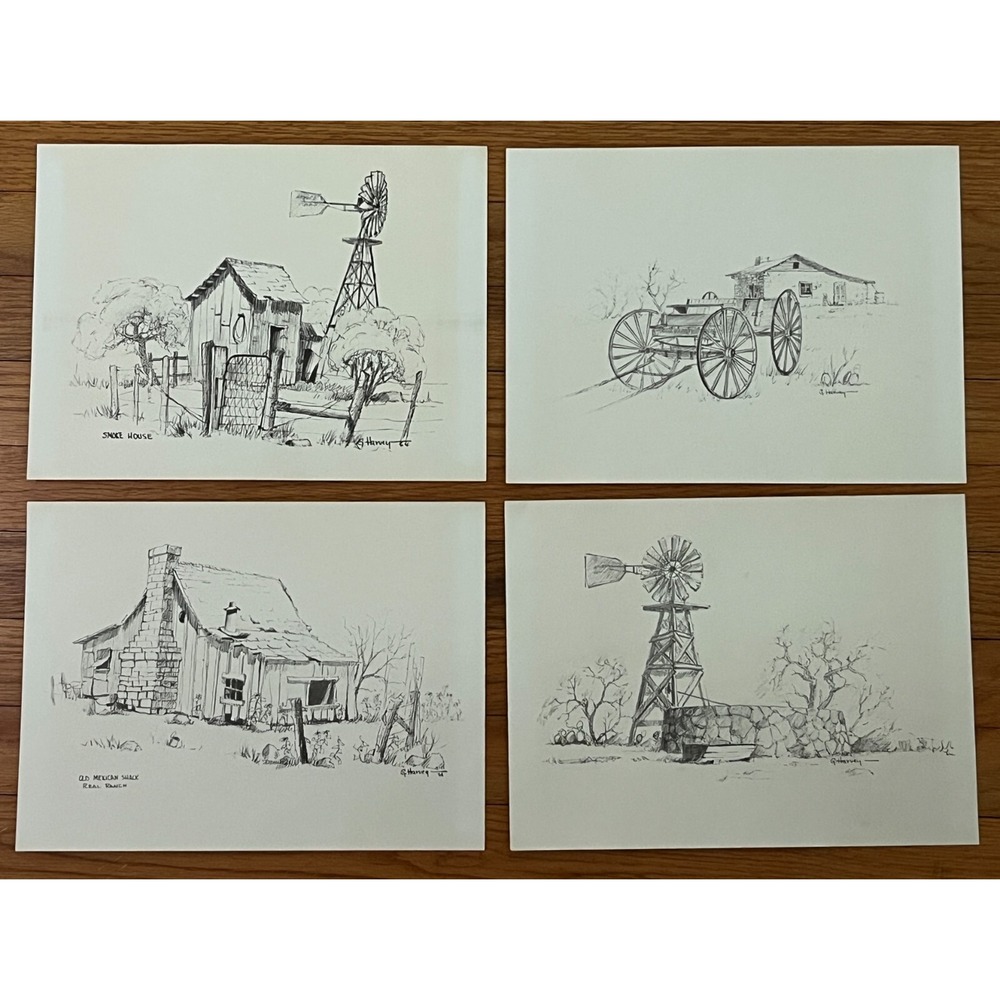 Vintage 1965 G. Harvey Texas Hill Country Pencil Sketches Art Lot Kerrville Inn